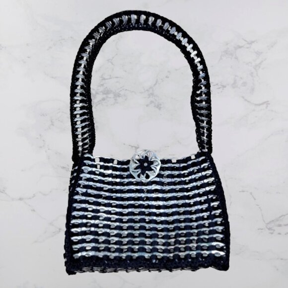 Vintage Goth Black Purse with Aluminum Can Pop Top Tabs and Crocheted Netting - Picture 1 of 5